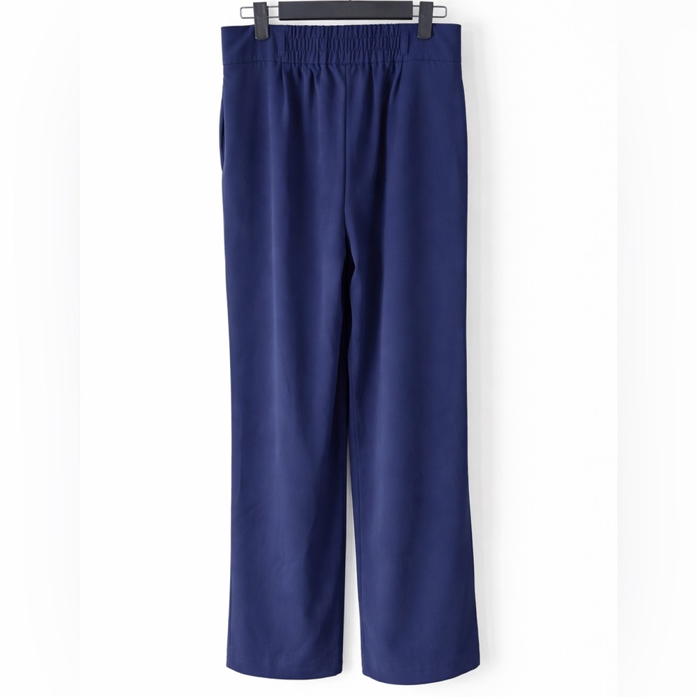 Wide Leg Navy Trousers - Classic High-Waist Pants - Picture 3 of 12